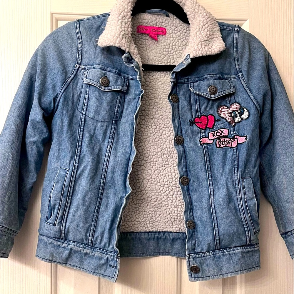 Betsey Johnson Toddler Jean Jacket Fur Sherpa Lining Sequin Detail Small 7/8